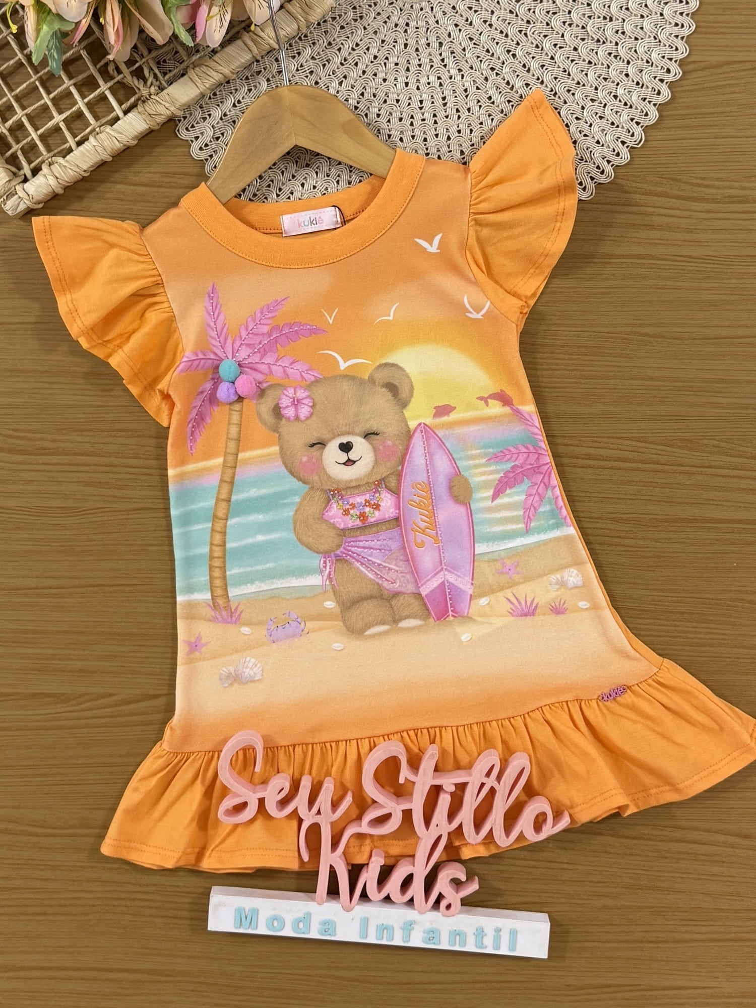 Vestido Infantil Kukiê Verão Laranja Ursinha na Praia