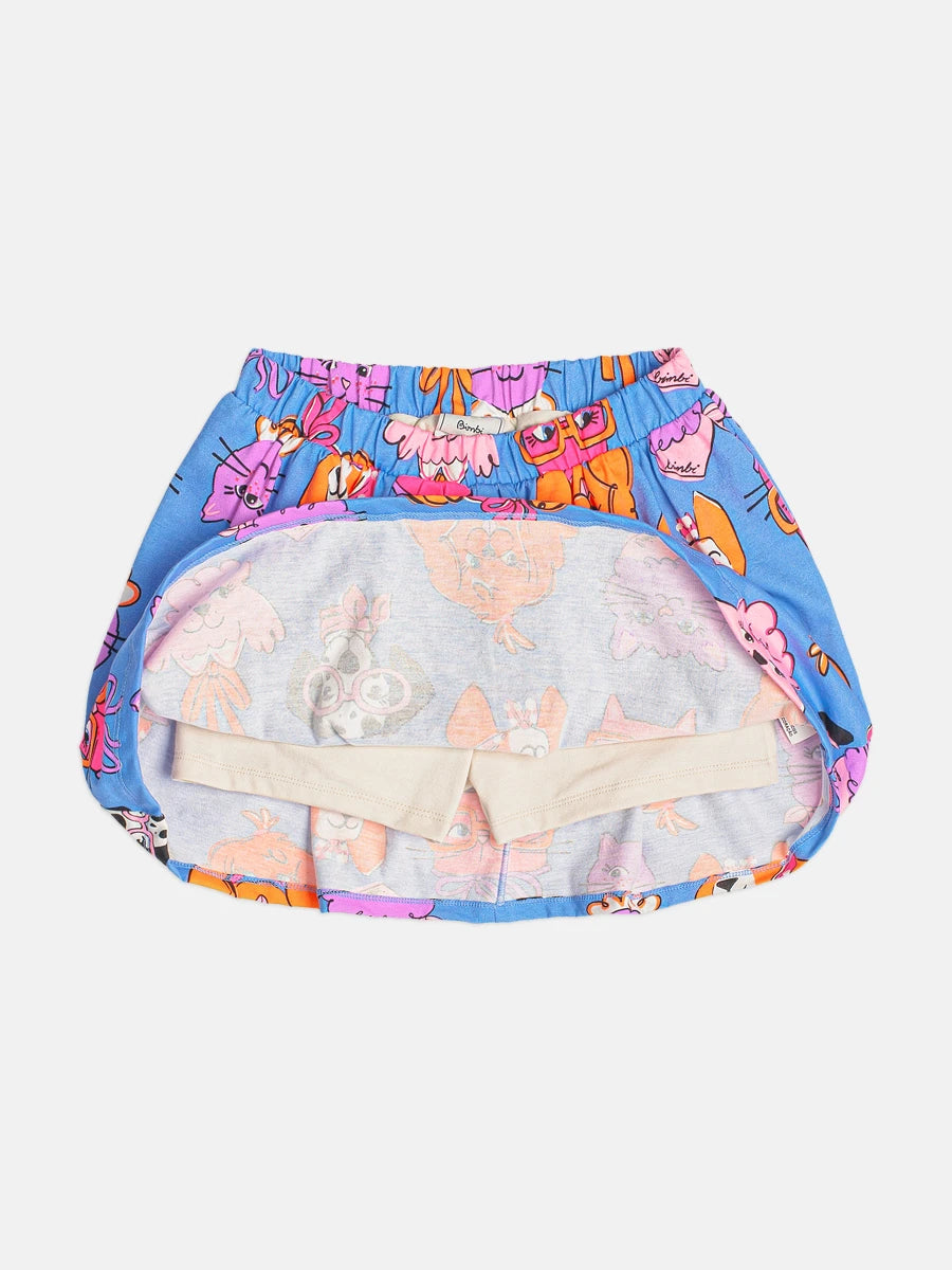 Conjunto Infantil Menina Bimbi com Saia Azul e Blusa Cachorrinha e Gatinha