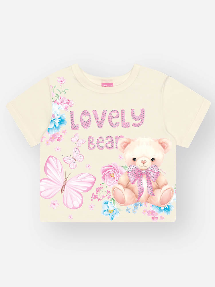Conjunto Infantil Cinti Verão com Shorts Rosa Listrado e Blusa Branca Ursinha Lovely