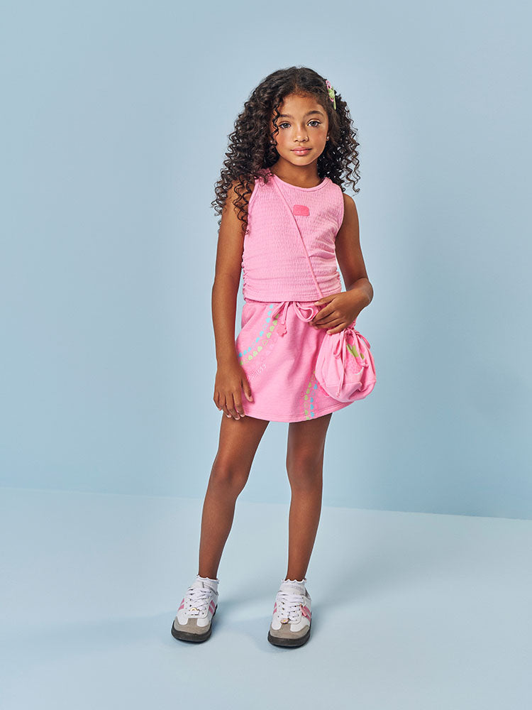 Conjunto Infantil Cinti Verão, Shorts Saia e Regata Rosa com Bolsinha