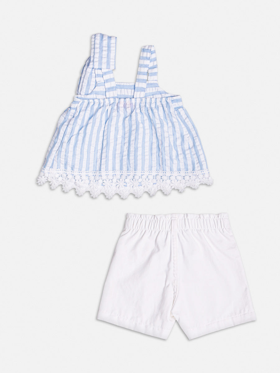 Conjunto Infantil Momi Verão Com Shorts e Blusa Azul Listrado Com Laço
