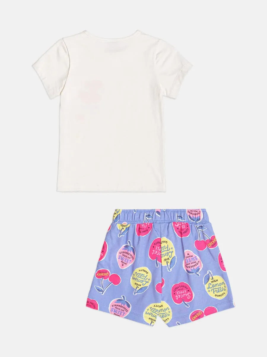 Conjunto Infantil Menina Momi com Shorts Saia Azul Maçã e Blusa Branca