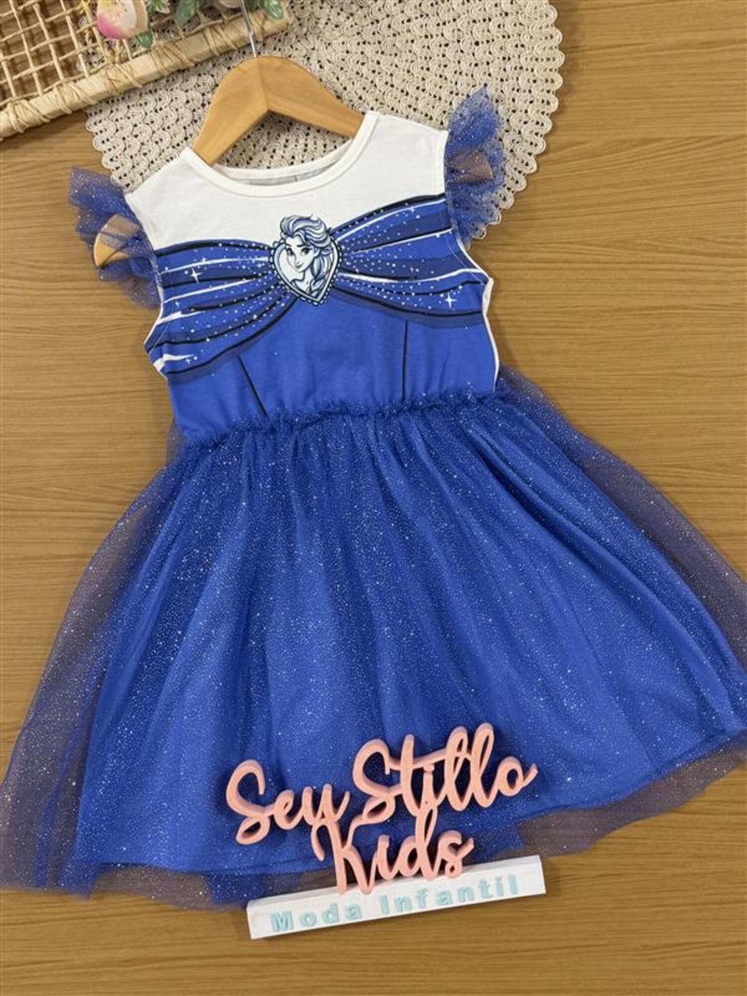 Vestido Infantil Bimbi Inverno Azul com Tule e Glitter Elsa Disney