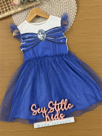 Vestido Infantil Bimbi Inverno Azul com Tule e Glitter Elsa Disney