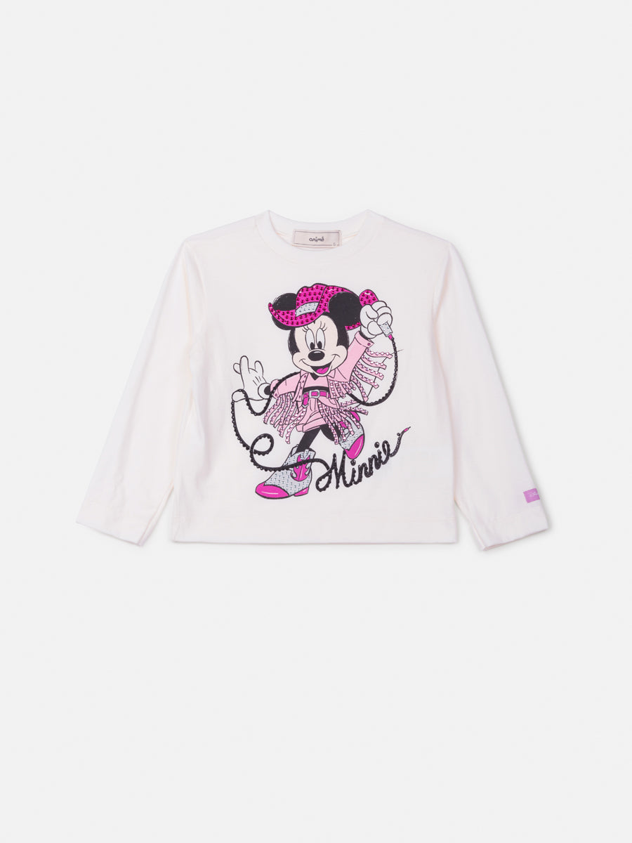 Blusa Infantil Animê Inverno Manga Longa Branca Minnie Cowgirl com Strass Disney