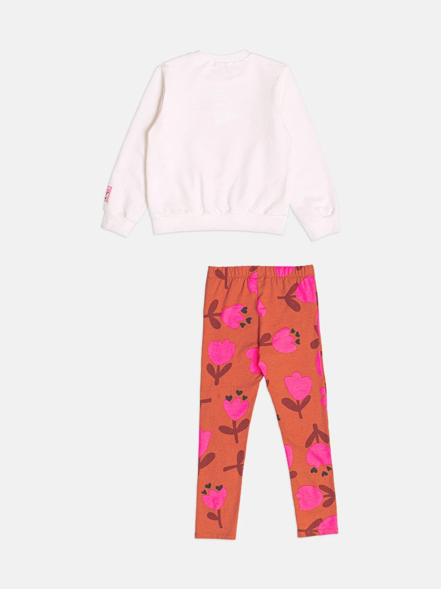 Conjunto Infantil Momi Inverno com Calça Legging Marrom e Moletom sem Flanela Florzinha Coração