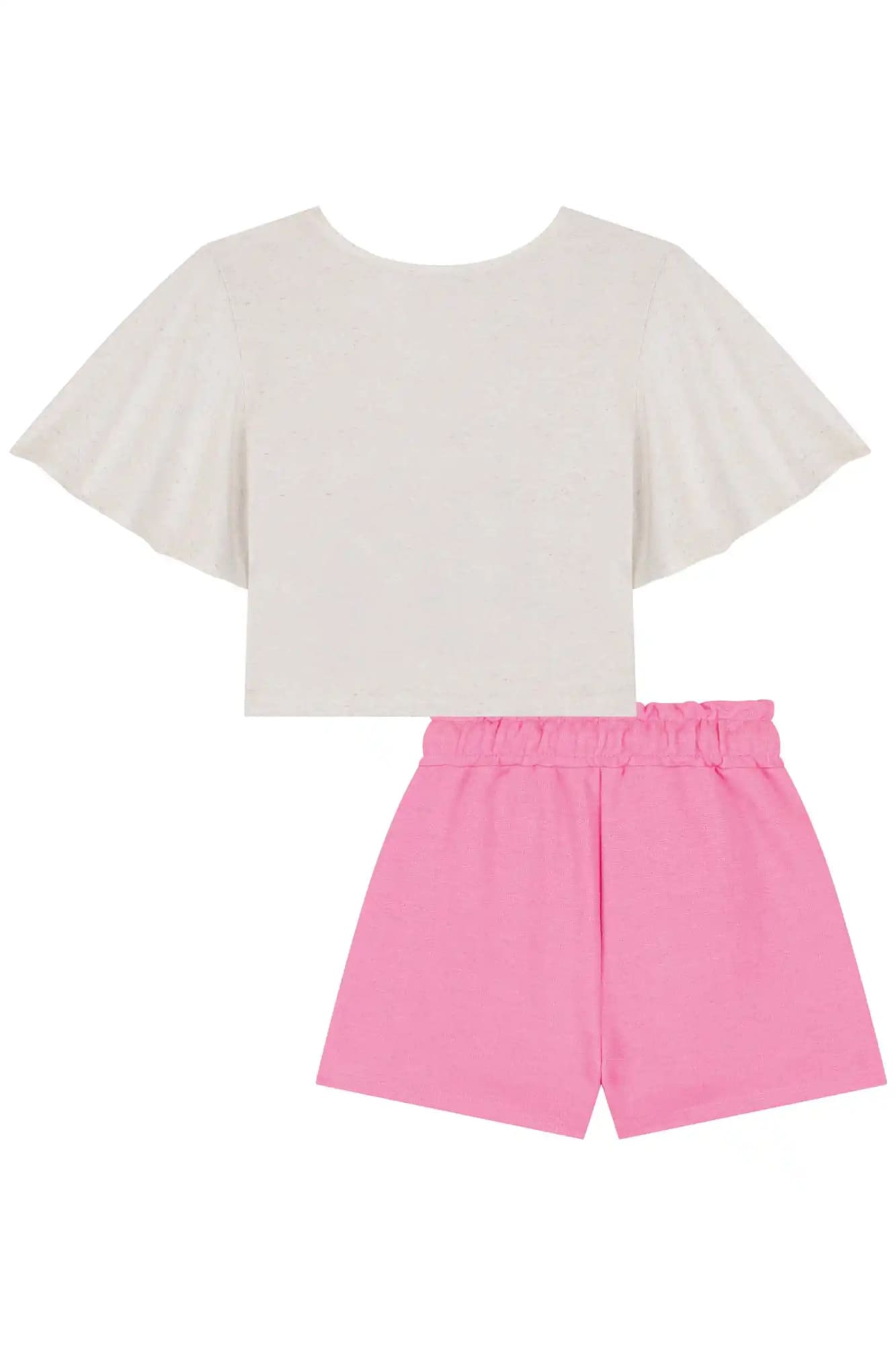 Conjunto infantil Kukiê Verão com Shorts Rosa e Blusa Off White Menininha no Balão