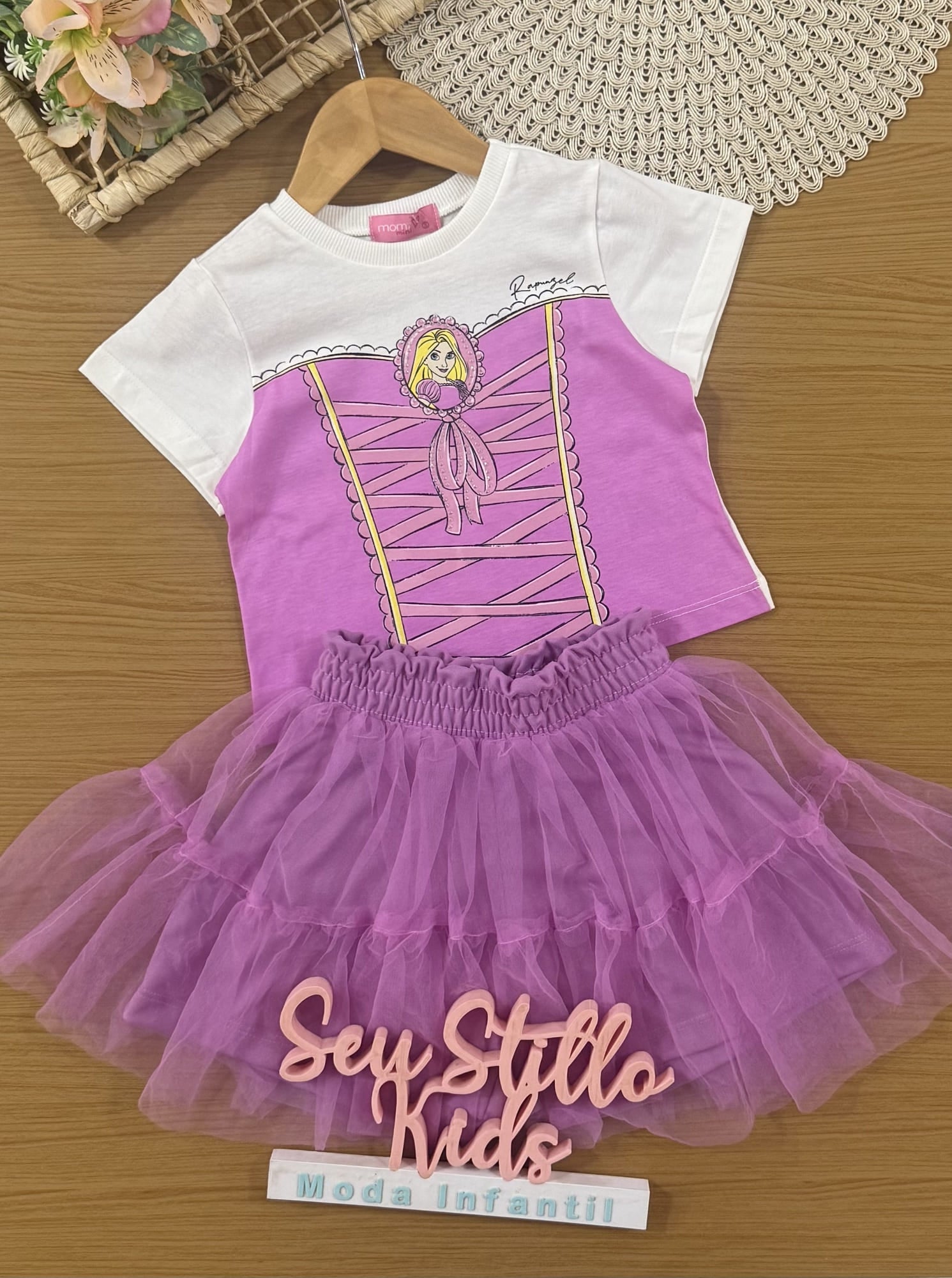 Conjunto Infantil Momi Verão com Saia em Tule e Blusa Lilás Rapunzel