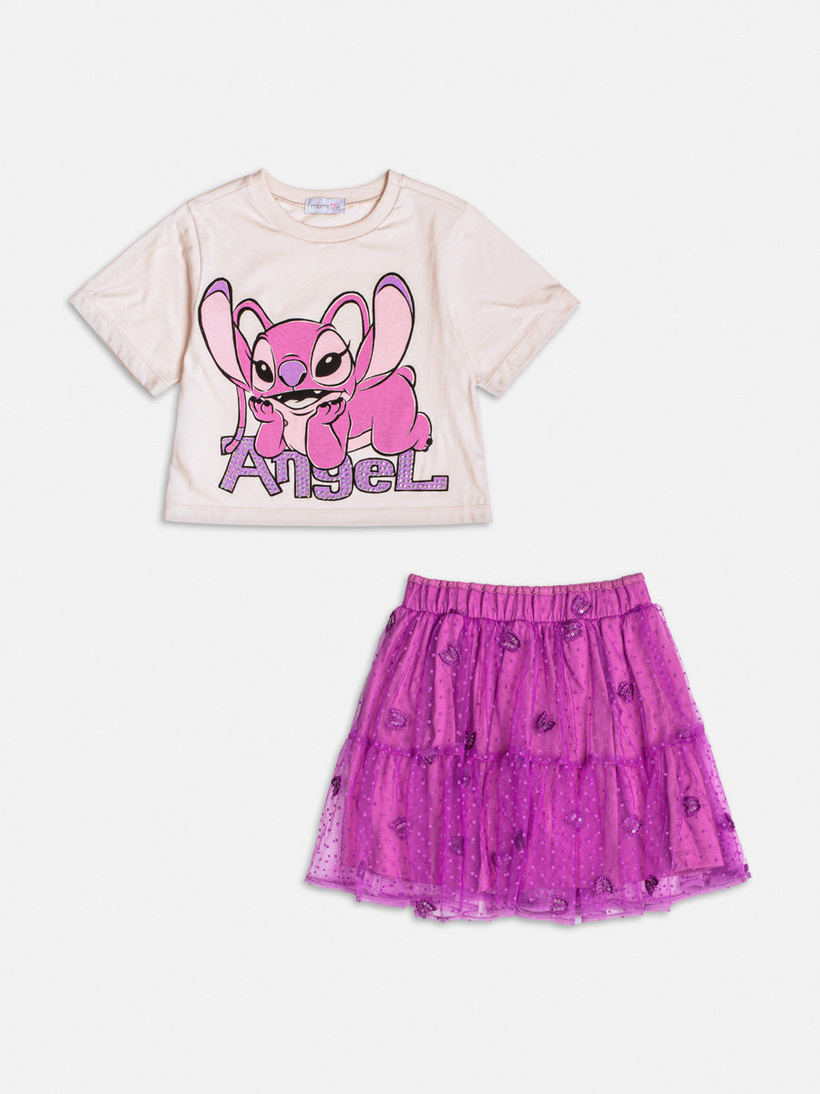 Conjunto Infantil Momi com Saia Roxa e Blusa Bege Angel com Strass Disney