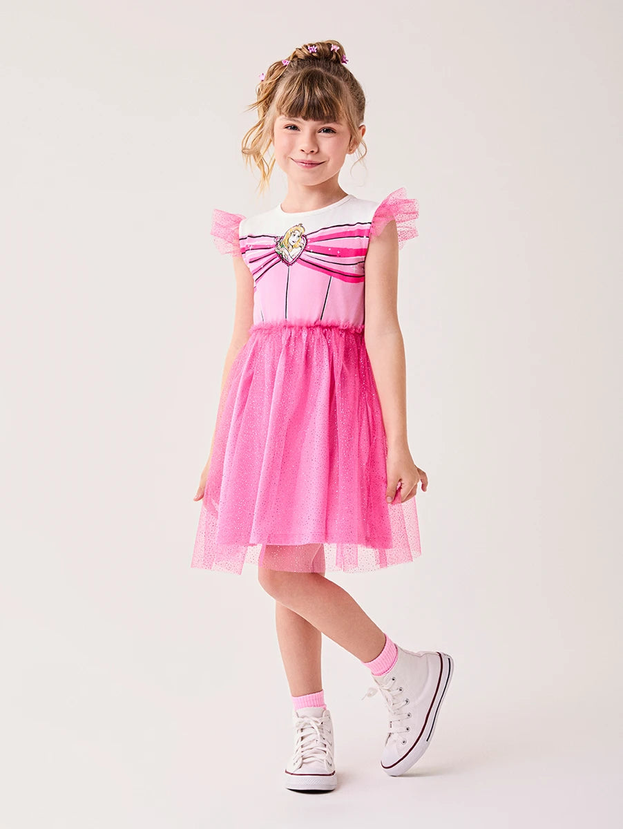 Vestido Infantil Bimbi Inverno com Tule e Brilho Rosa Aurora Disney