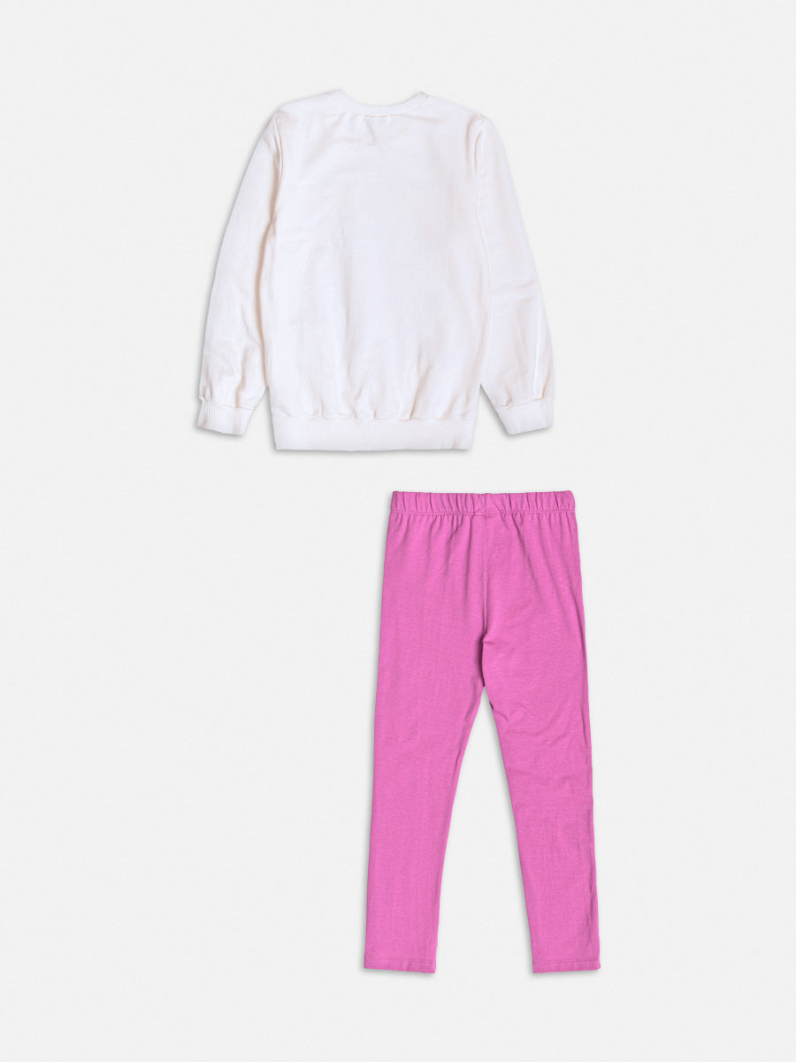 Conjunto Infantil Momi Inverno com Calça Roxa e Moletom sem Flanela Branco Stitch Disney