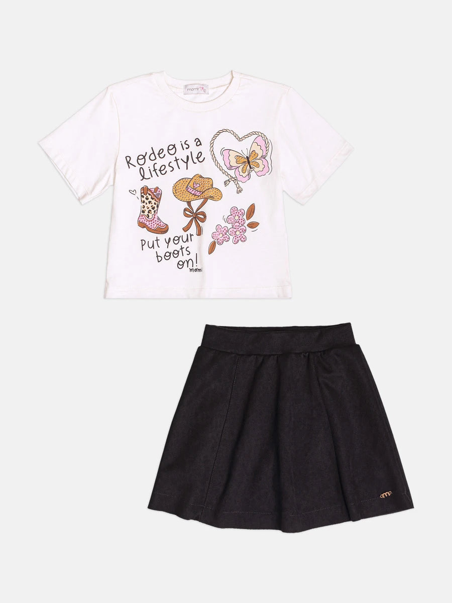 Conjunto Infantil Momi Inverno com Saia Preta e Blusa Manga Curta Rodeio