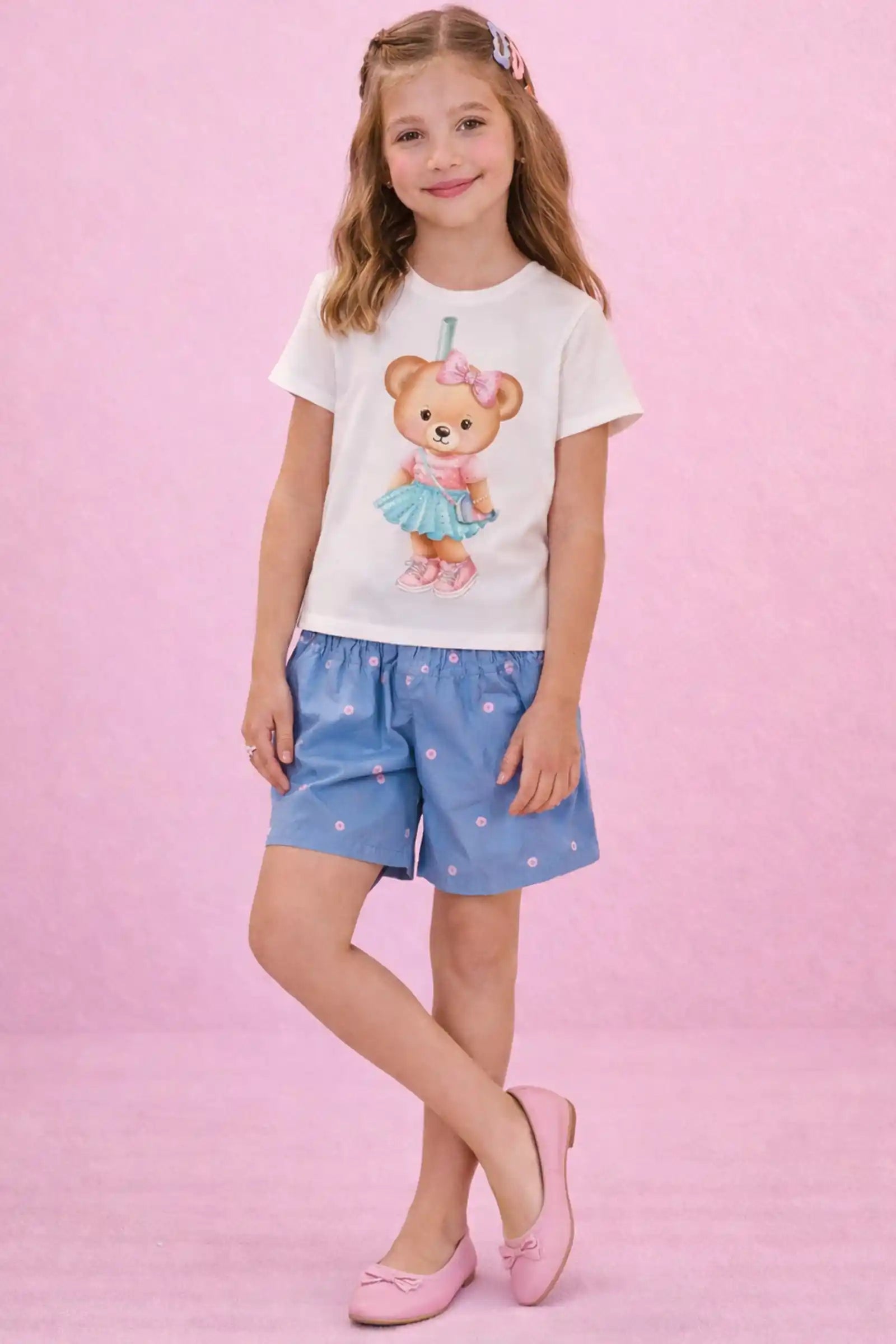 Conjunto Infantil Kukiê com Shorts Jeans e Blusa Ursinha