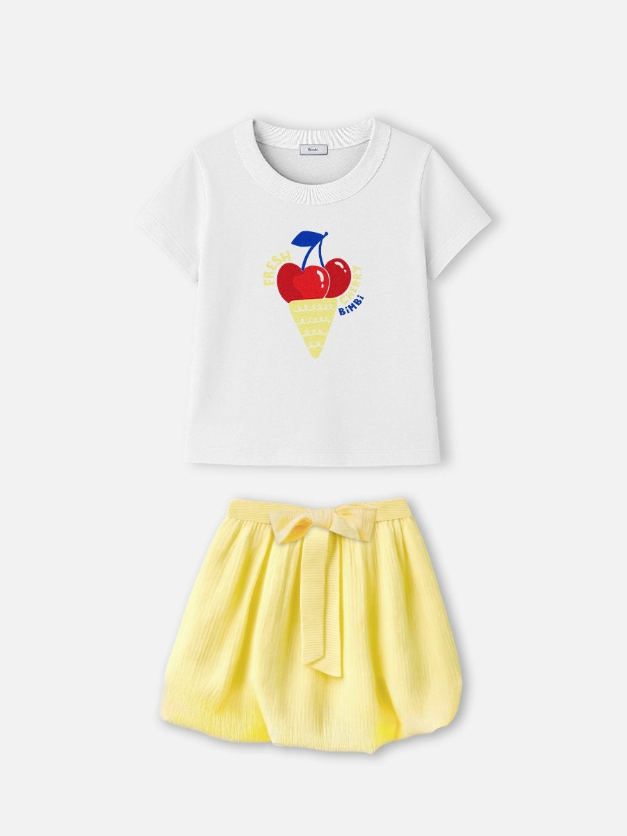 Conjunto Infantil Bimbi Verão com Saia Balonê Amarela e Blusa Branca Sorvetinho