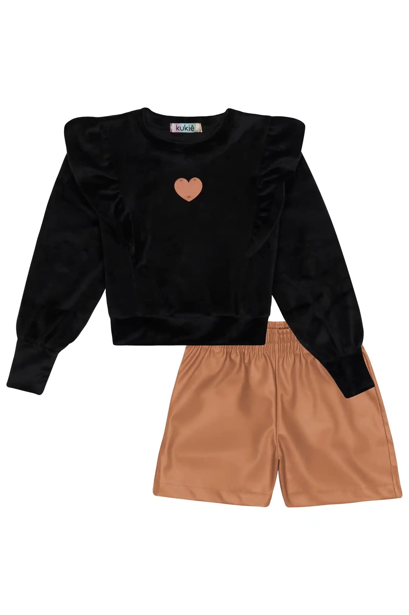 Conjunto Infantil Kukiê Inverno com Shorts Marrom e Blusa Manga Longa Preta Aveludada