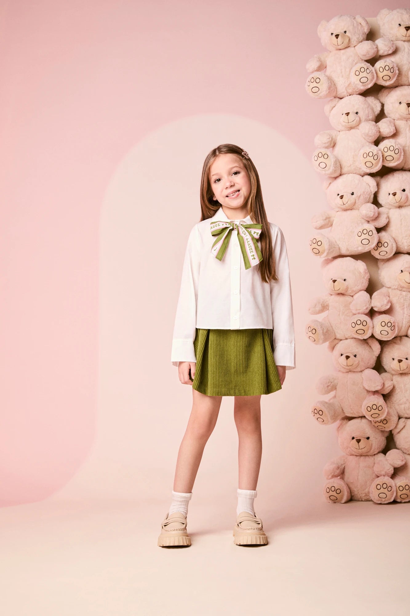 Conjunto Infantil Momi Inverno com Shorts Saia Verde e Blusa Manga Longa Lacinho