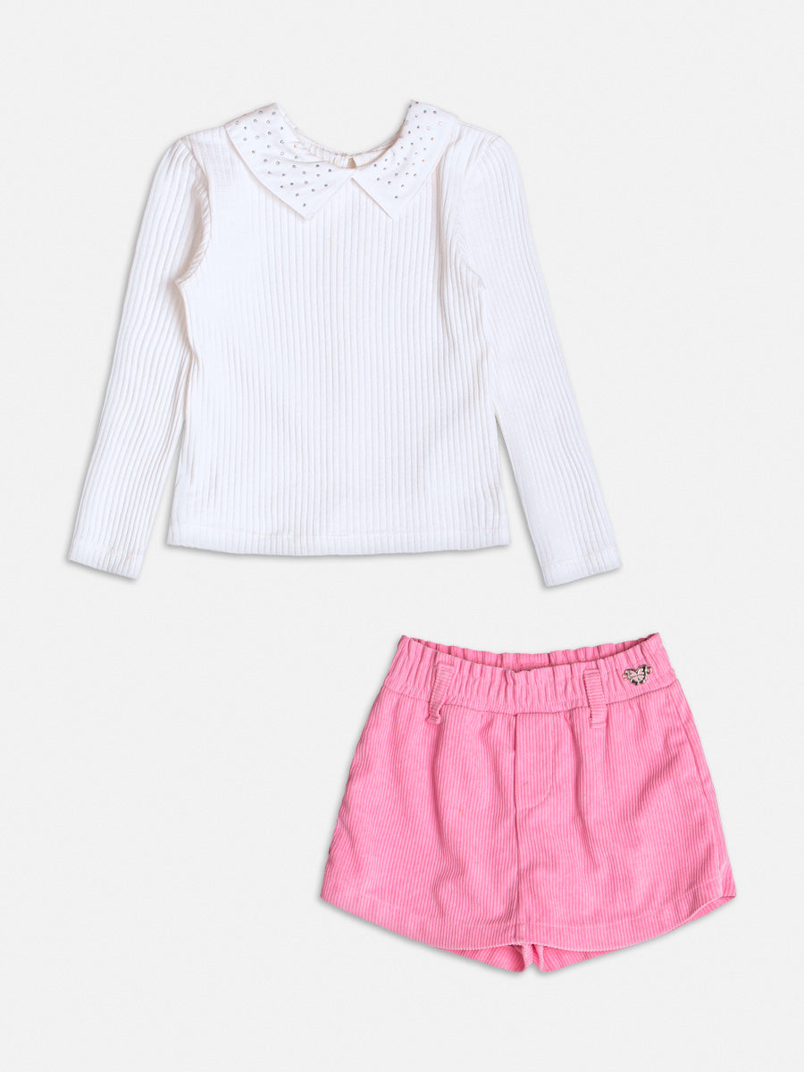 Conjunto Infantil Momi Inverno com Shorts Saia Rosa e Blusa Branca com Strass