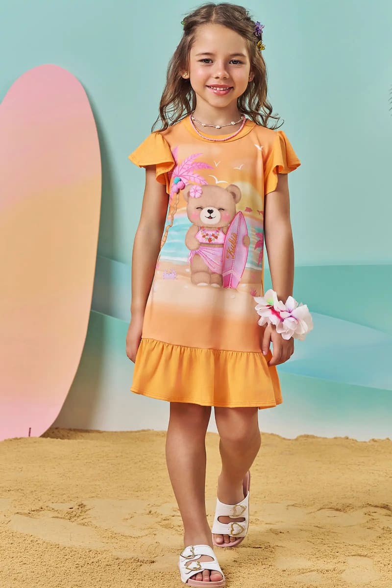 Vestido Infantil Kukiê Verão Laranja Ursinha na Praia