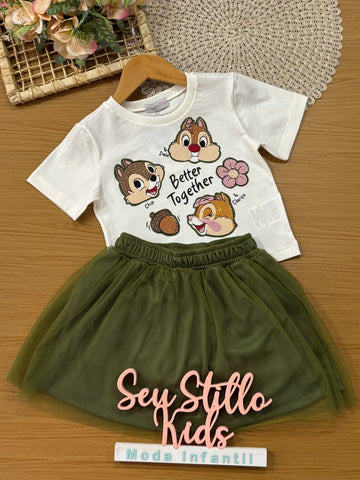 Conjunto Infantil Momi Inverno com Saia em Tule Verde e Blusa Manga Curta Tico e Teco Strass