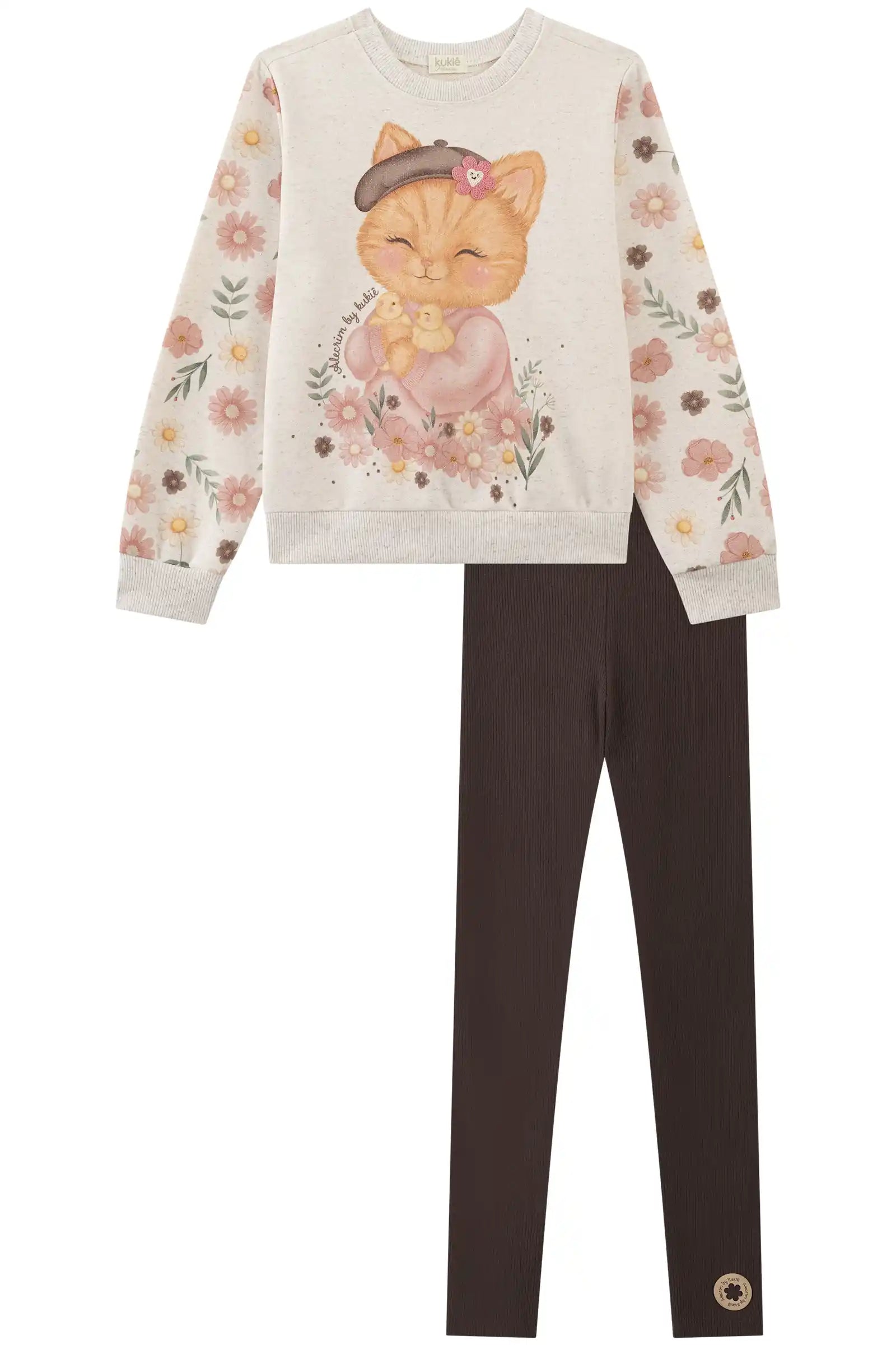 Conjunto Infantil Kukiê Inverno com Calça Legging Marrom e Moletom sem Flanela Gatinha Floral