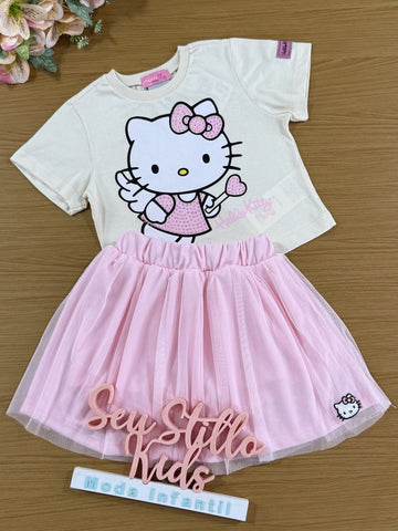 Conjunto Infantil Momi Saia Rosa Tule e Blusa Manga Curta Hello Kitty