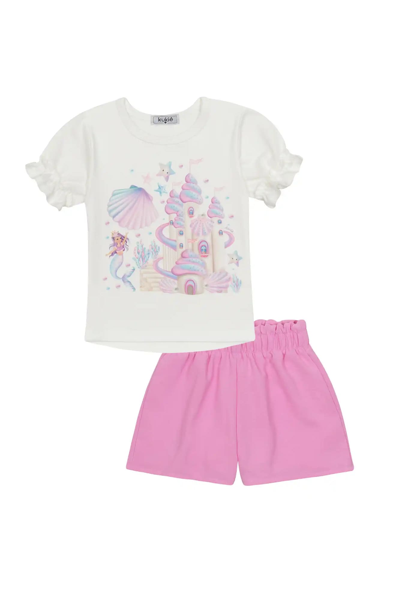 Conjunto Infantil Kukiê com Shorts Lilás e Blusa Manga Curta Sereia com Strass