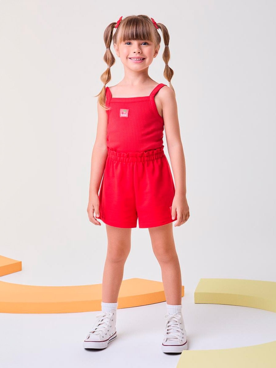 Conjunto Infantil Bimbi Verão com Shorts e Regata Vermelha Cerejinha
