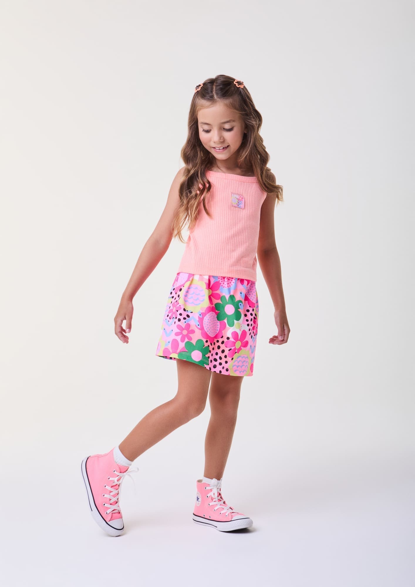 Conjunto Infantil Bimbi Verão com Saia e Blusa Laranja Flor