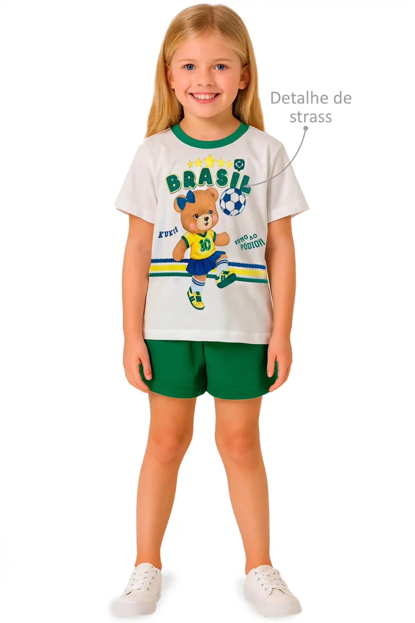 Blusa Infantil Kukiê Branca Ursinha Brasil Copa do Mundo