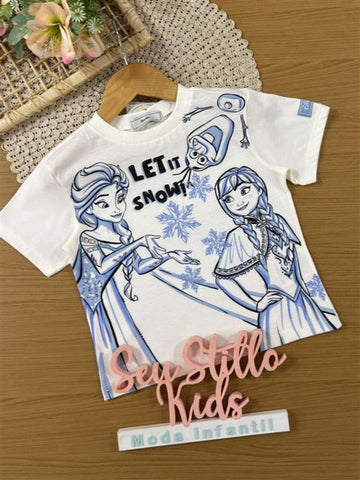 Blusa Infantil Bimbi Inverno Manga Curta Branca Elsa e Anna Frozen Disney