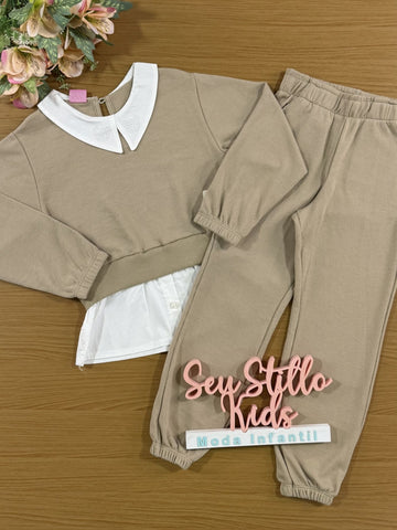 Conjunto Infantil Cinti Inverno com Calça e Casaco Bege com Strass