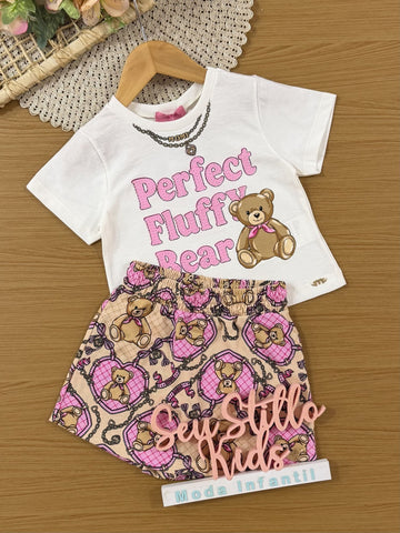 Conjunto Infantil Momi Inverno com Short-Saia e Blusa Branca Ursinho Fofo com Strass
