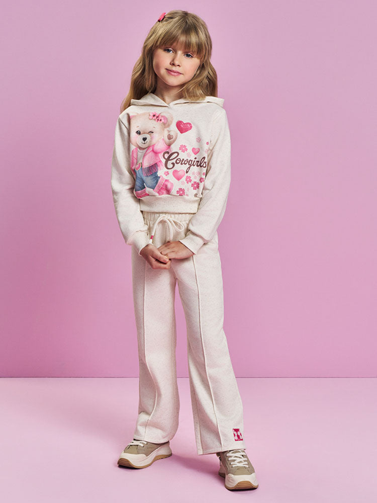 Conjunto Infantil Cinti Inverno com Calça e Moletom Flanelado Off White Ursinha Coração