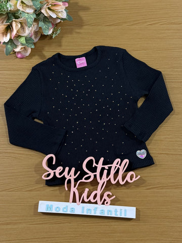 Blusa Infantil Cinti Inverno Manga longa Canelada Preta Strass