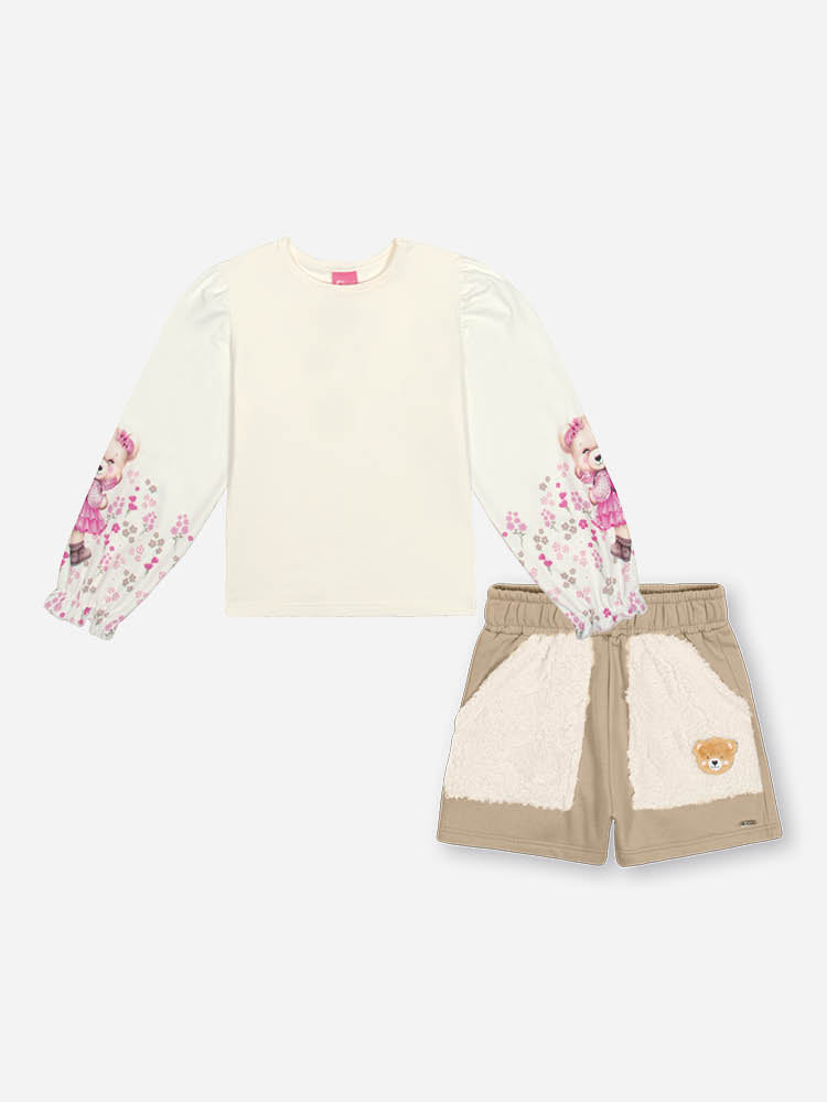 Conjunto Infantil Cinti Inverno com Shorts Bege e Blusa Manga Longa Branca Ursinha Floral