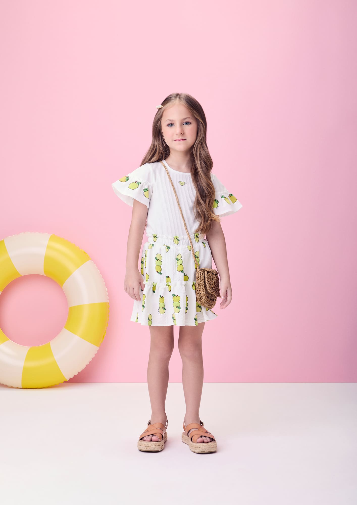 Conjunto Infantil Momi Verão com Saia e Blusa Branca Maçã
