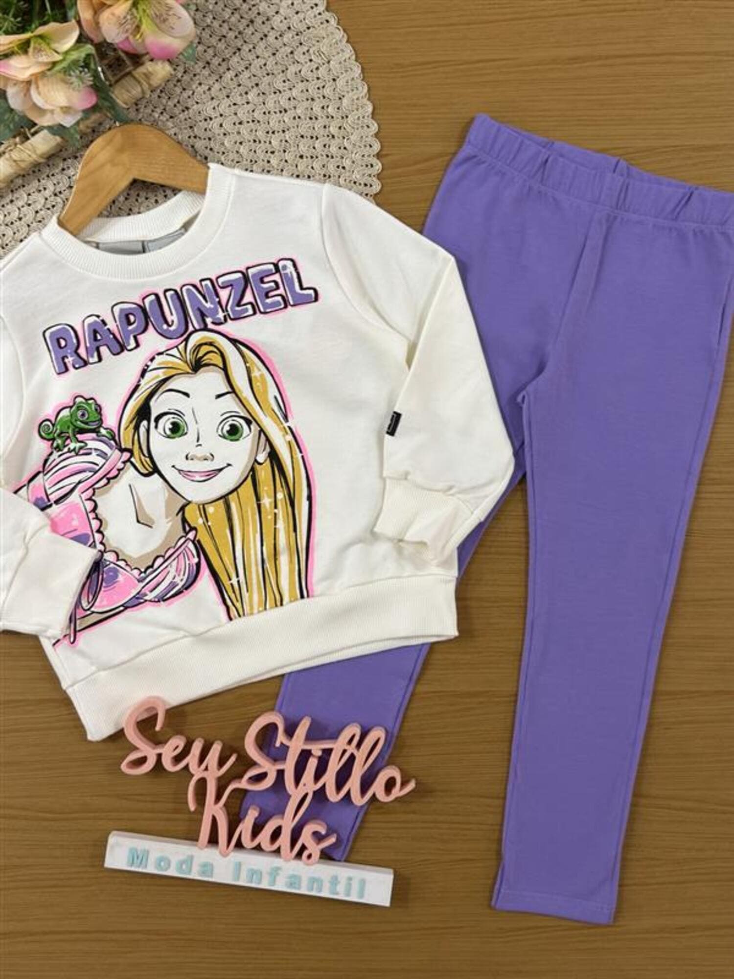 Conjunto Infantil Bimbi Inverno com Calça Legging e Moletom sem Flanela Branco Rapunzel Disney