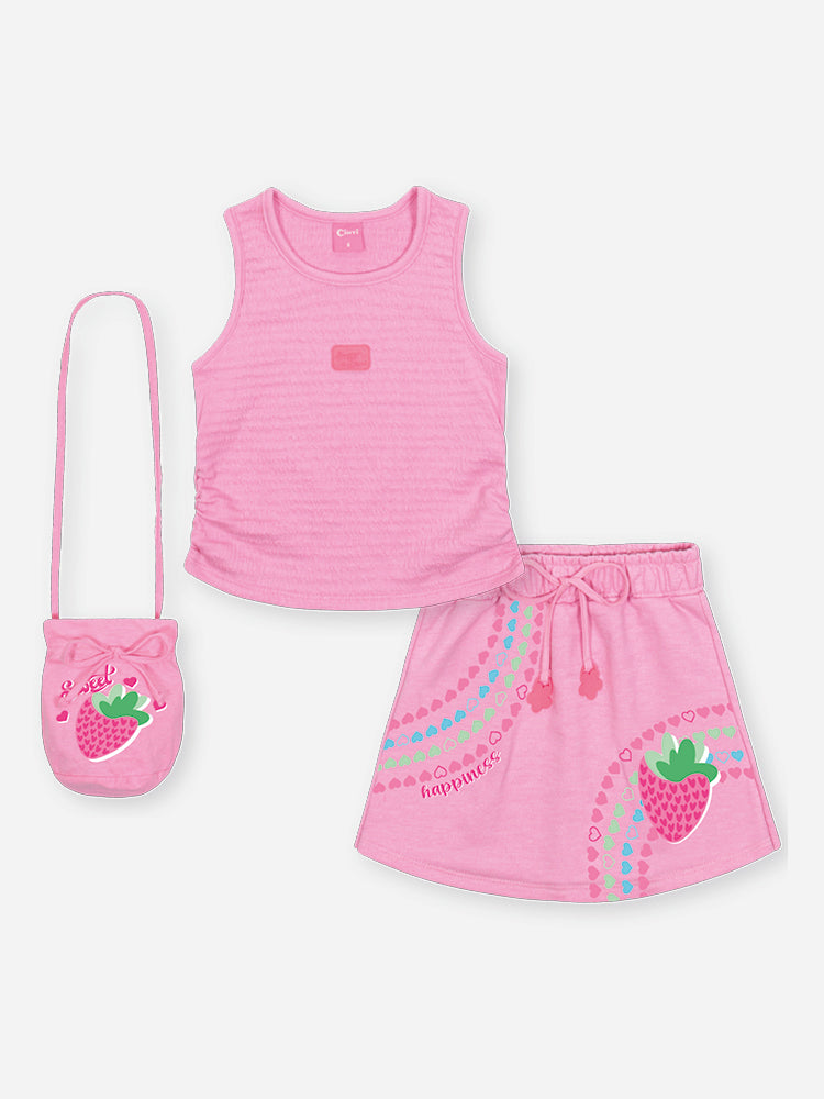 Conjunto Infantil Cinti Verão, Shorts Saia e Regata Rosa com Bolsinha
