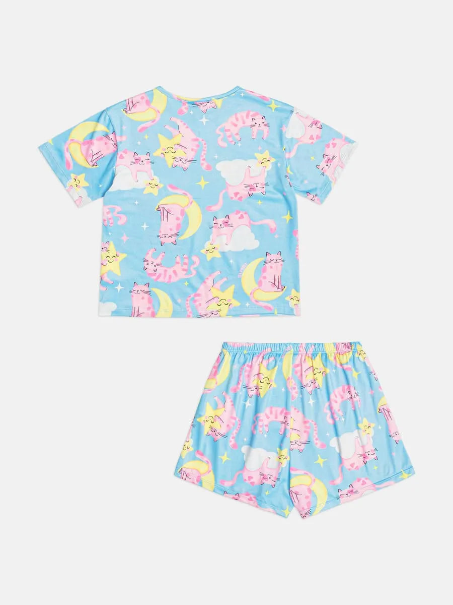 Pijama Infantil Menina Bimbi com Shorts e Blusa Azul Gatinhos