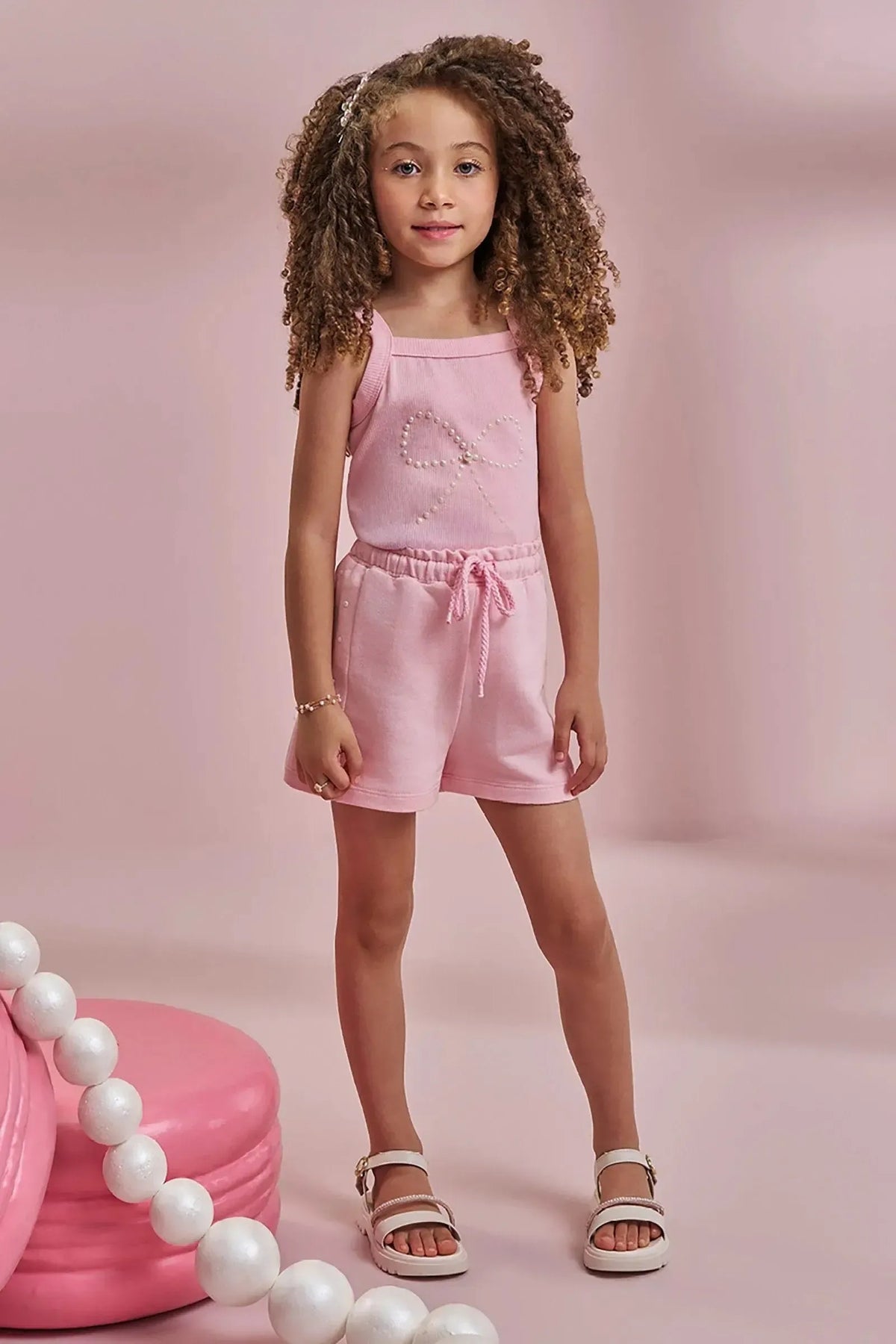 Conjunto Infantil Menina Kukiê com Shorts e Blusa Rosa Lacinho Pérolas