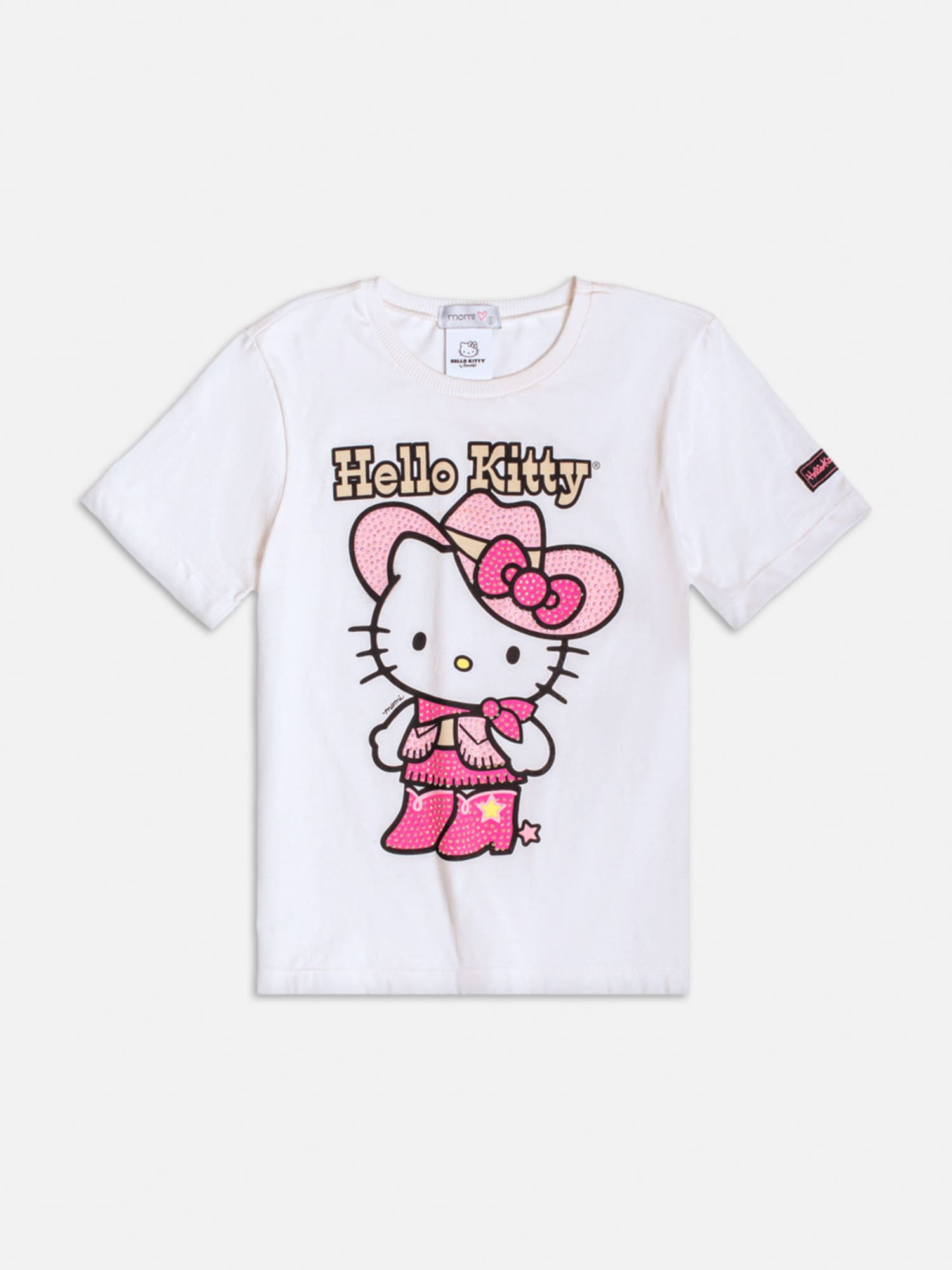 Blusa Infantil Momi Inverno Manga Curta Branco com Strass Hello Kitty