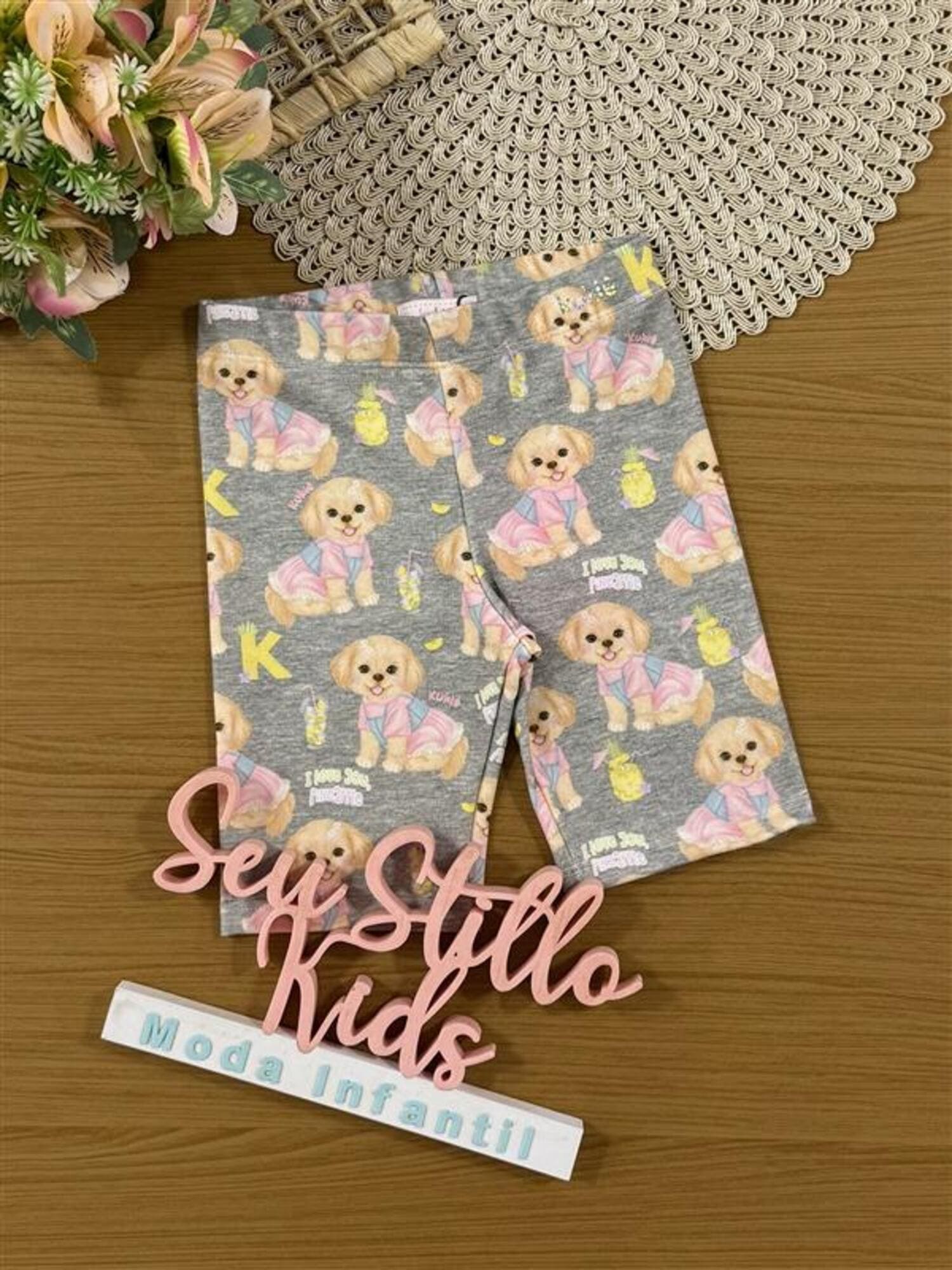 Shorts Infantil Kukiê Verão Ciclista Cinza Cachorrinhas