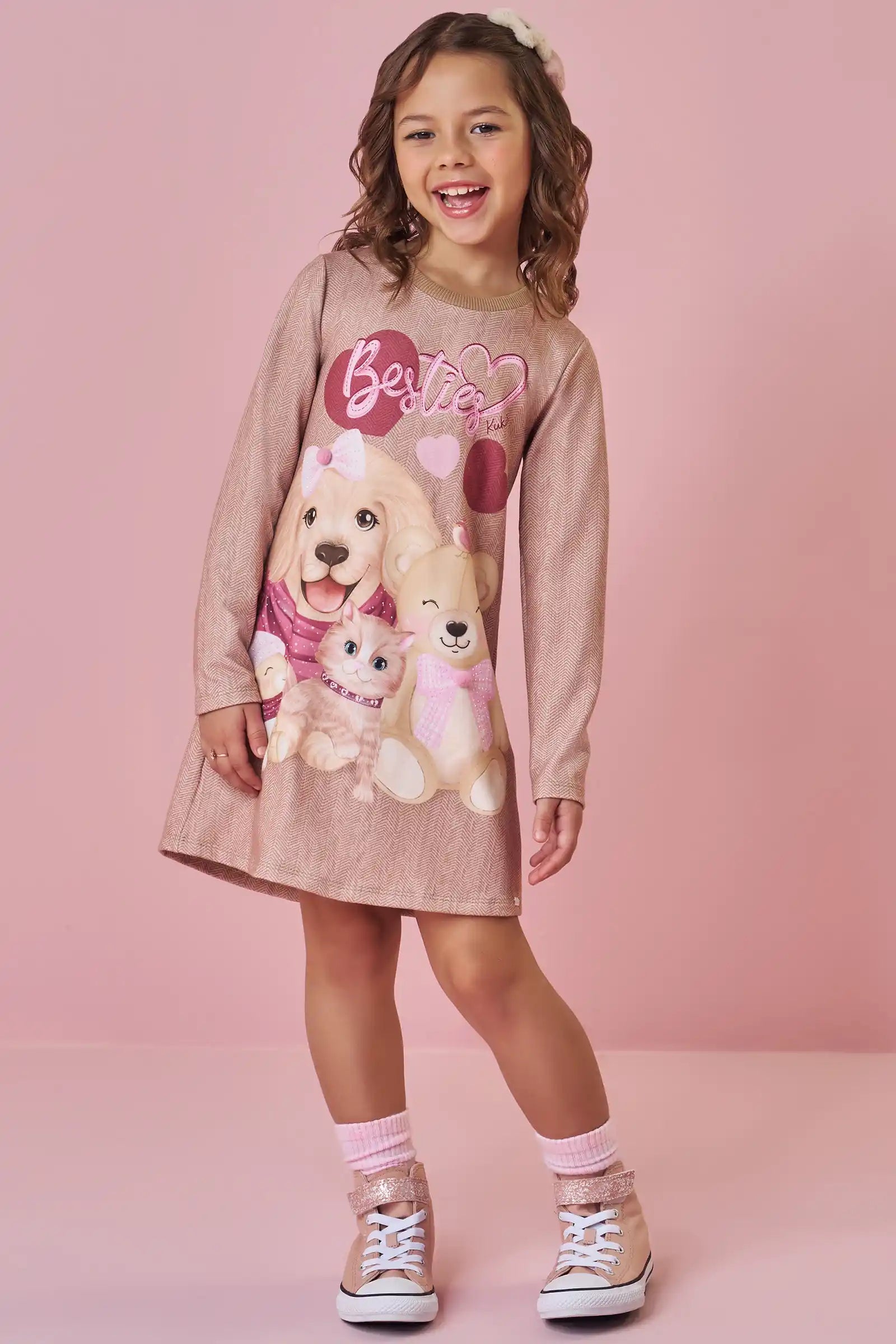 Vestido Infantil Kukiê Inverno Bege Animais Melhores Amigos