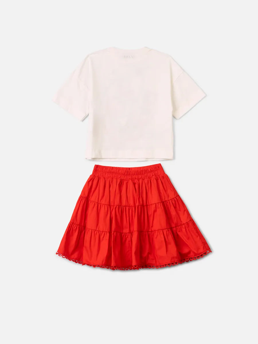 Conjunto Infantil Menina Animê Saia Vermelha e Blusa Pomodoro