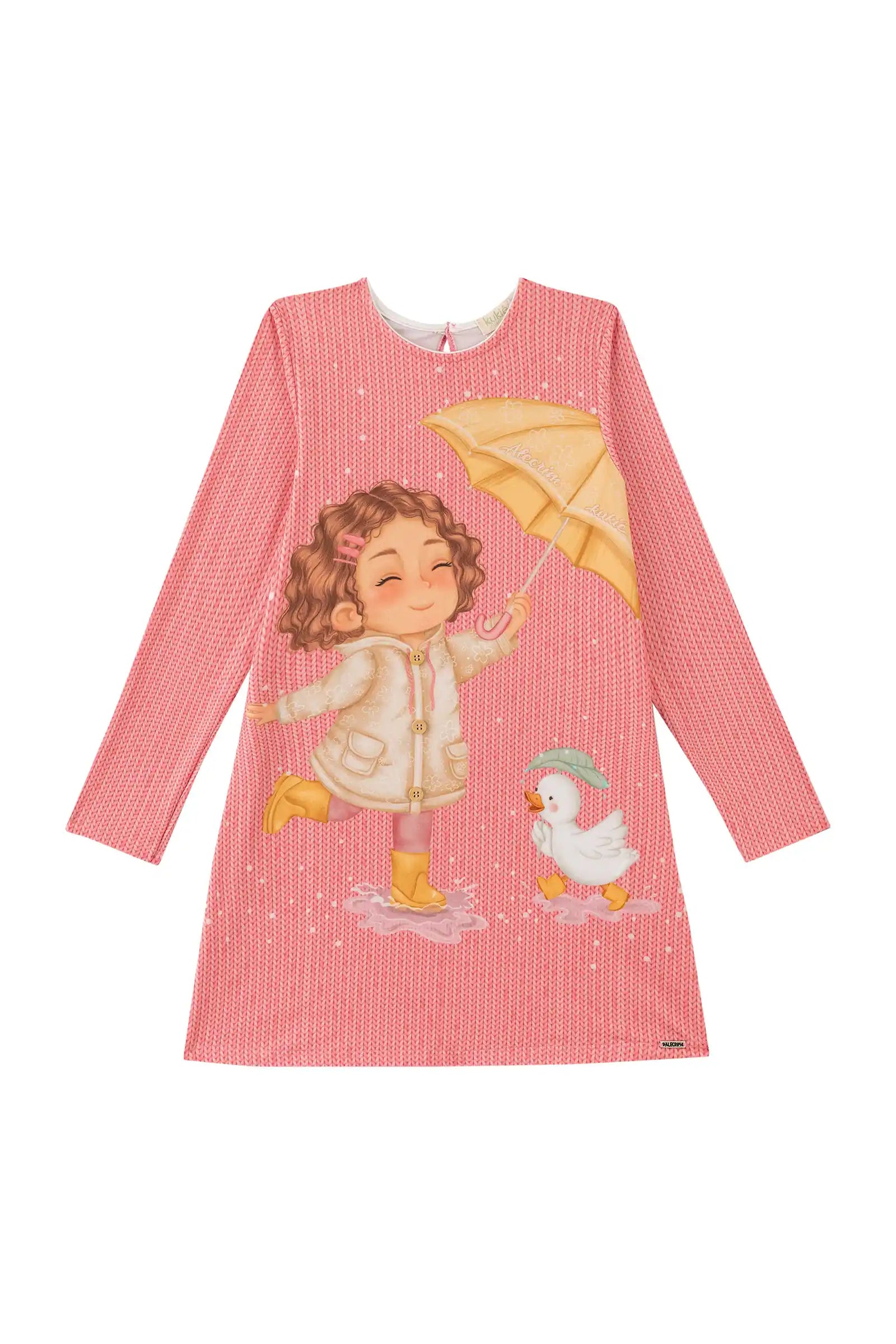Vestido Infantil Kukiê Inverno Rosa Brincadeira na Chuva