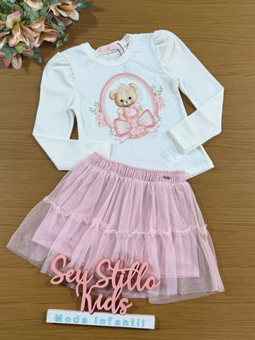 Conjunto Infantil Kukiê Inverno Saia em Tule Rosa e Blusa Branca Ursinha Princesa