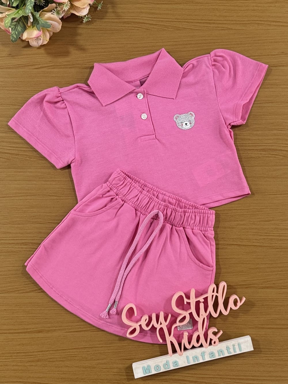 Conjunto Infantil Cinti Verão Shorts Saia e Camisa Polo Rosa