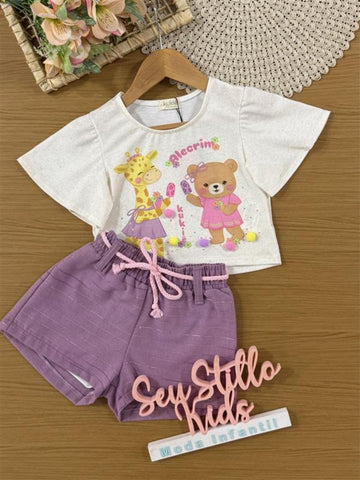 Conjunto Infantil Kukiê Verão com Shorts Roxo e Blusa Off White Ursinha e Girafa