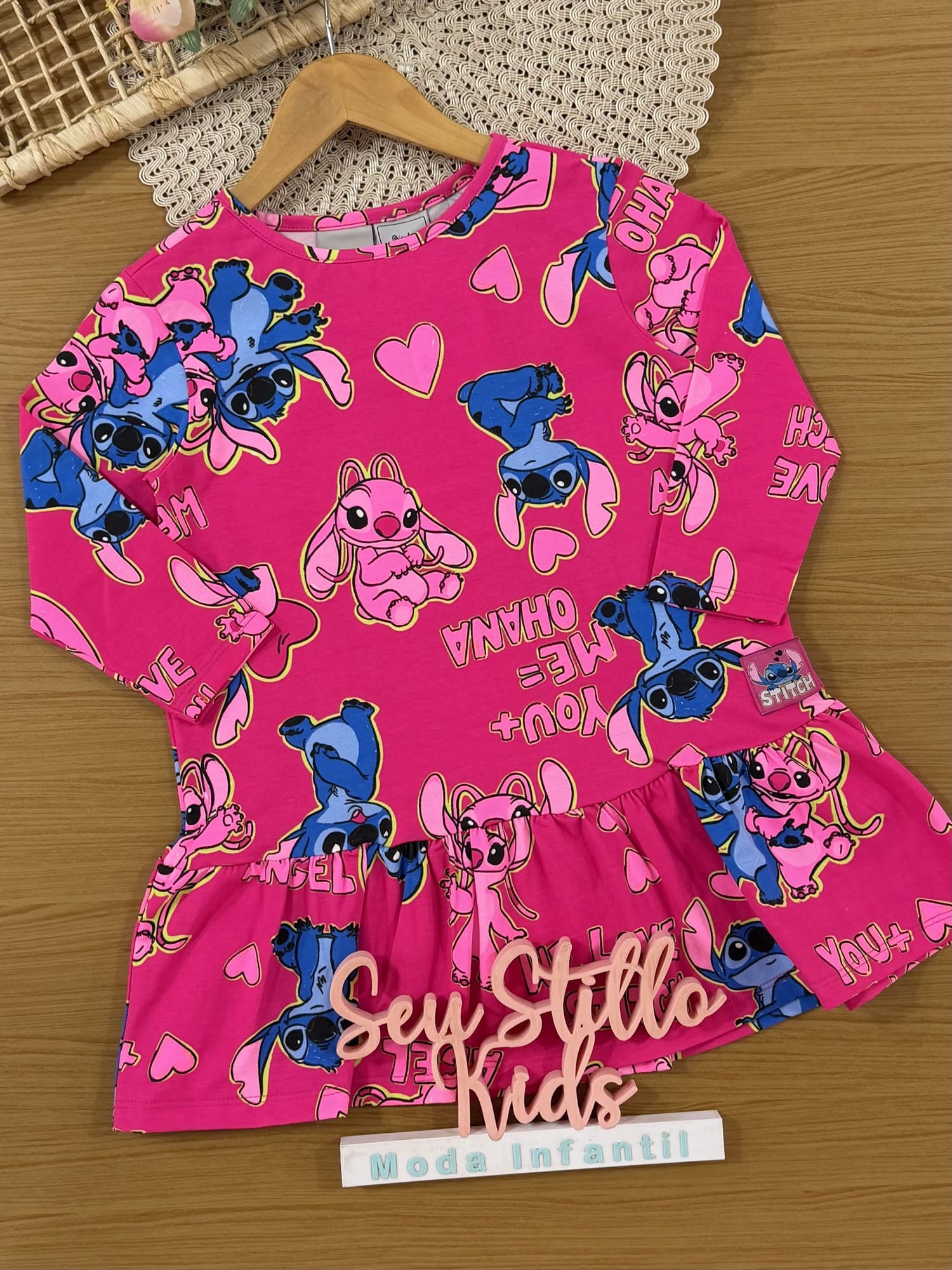 Vestido Infantil Bimbi Inverno Rosa Stitch e Angel Corações Disney