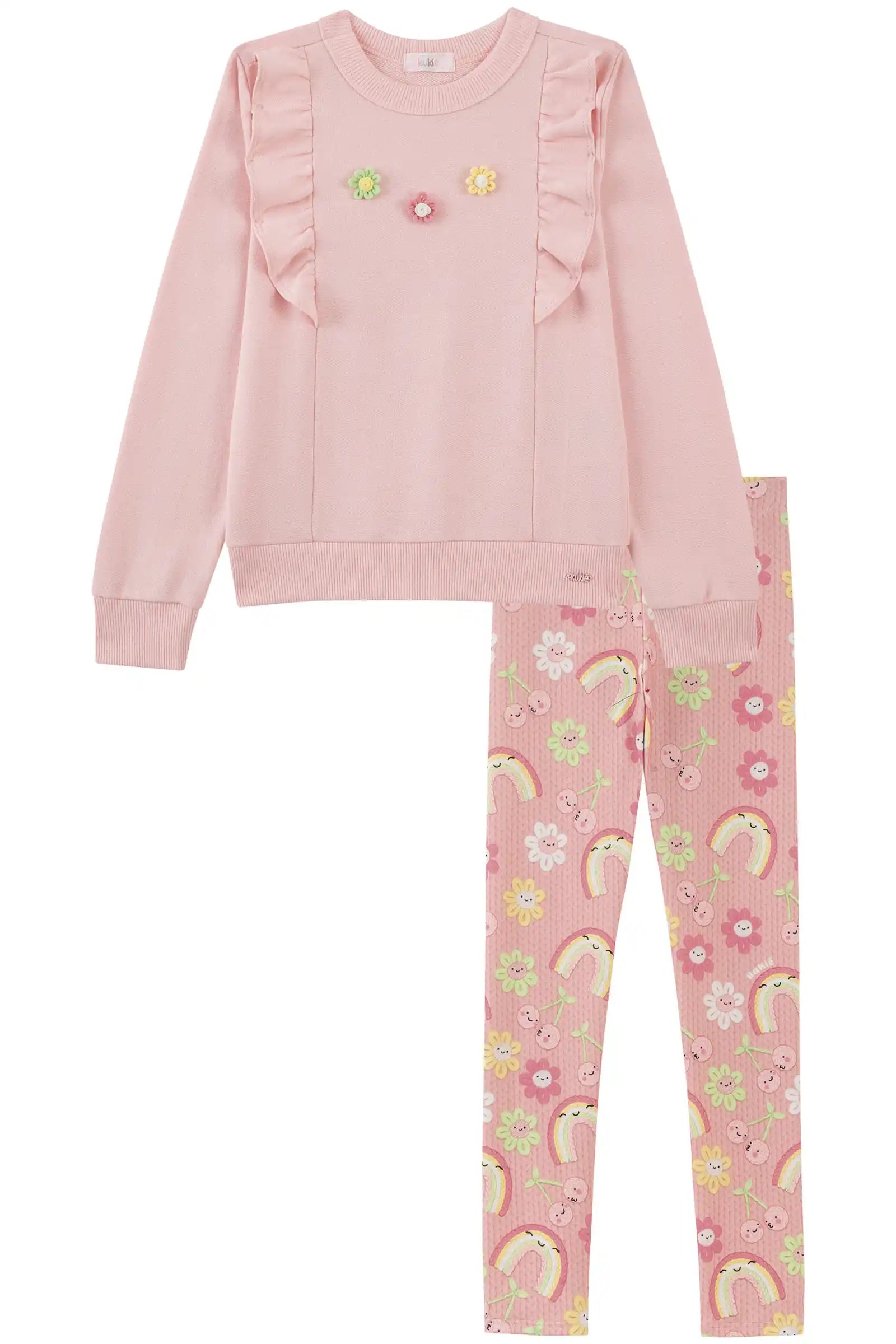 Conjunto Infantil Kukiê Inverno com Calça Legging e Moletom sem Flanela Rosa Florzinhas Coloridas